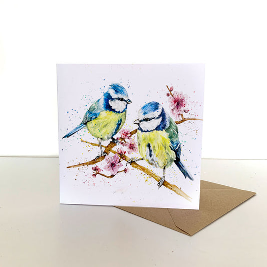 Watercolour Blue Tits & Blossom Greeting Card