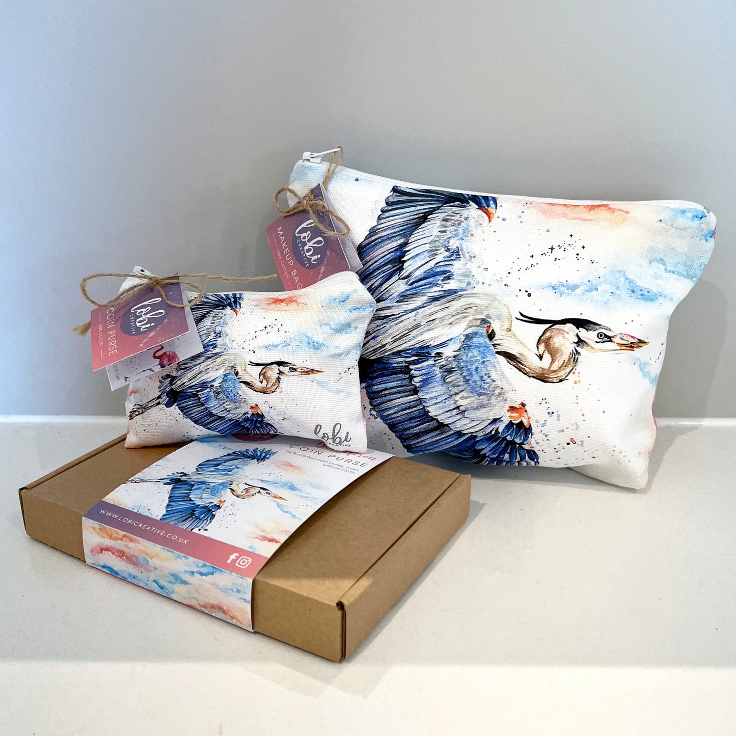 Watercolour Blue Heron Cotton Coin Purse & Gift Box