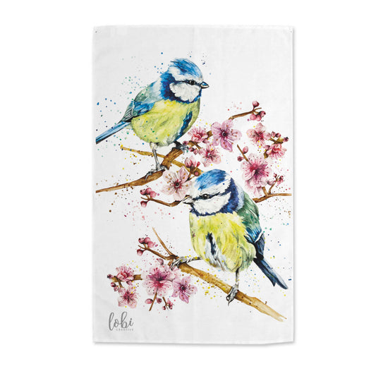 Watercolour Blue Tits & Blossom Cotton Tea Towel