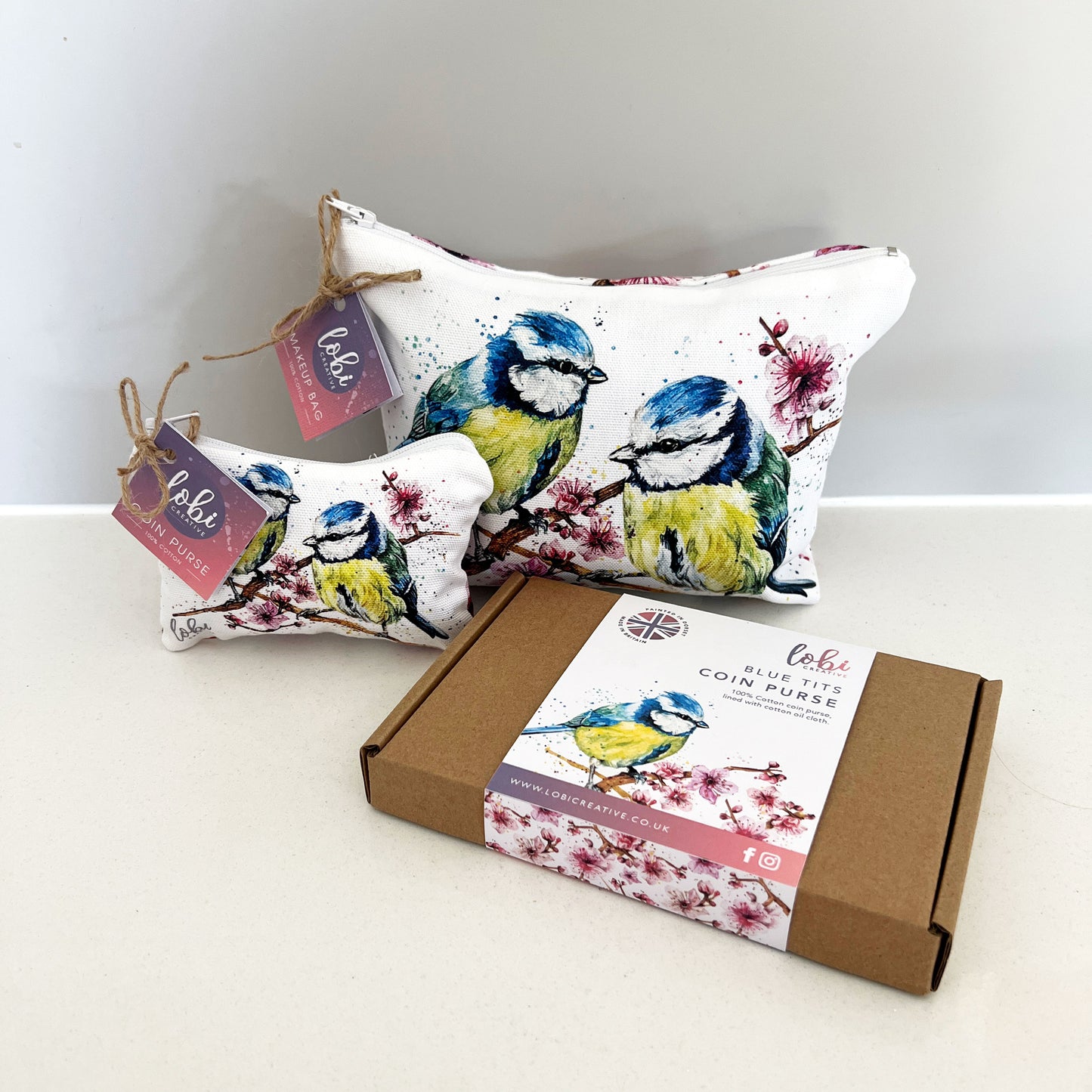 Watercolour Blue Tits Cotton Coin Purse & Gift Box