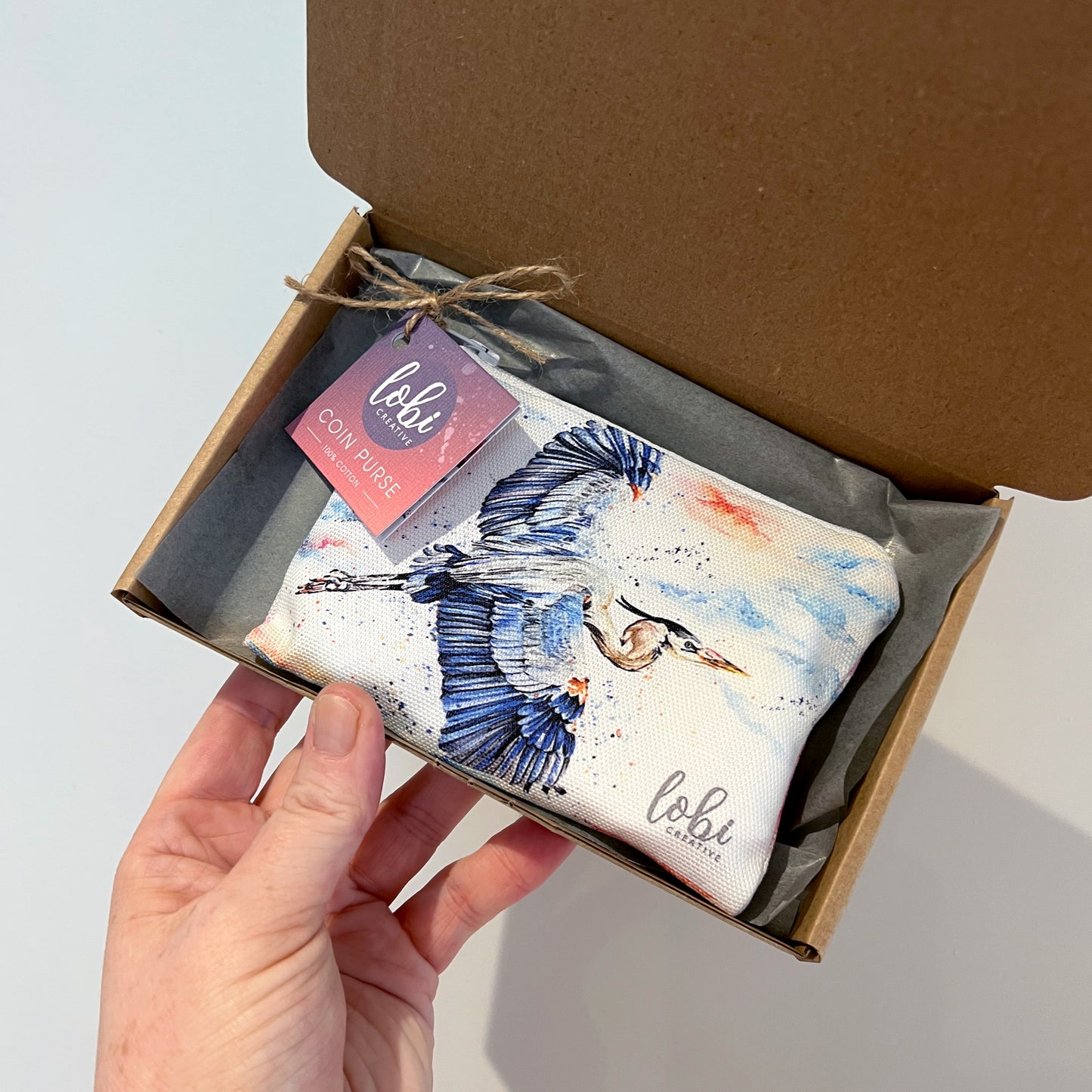 Watercolour Blue Heron Cotton Coin Purse & Gift Box