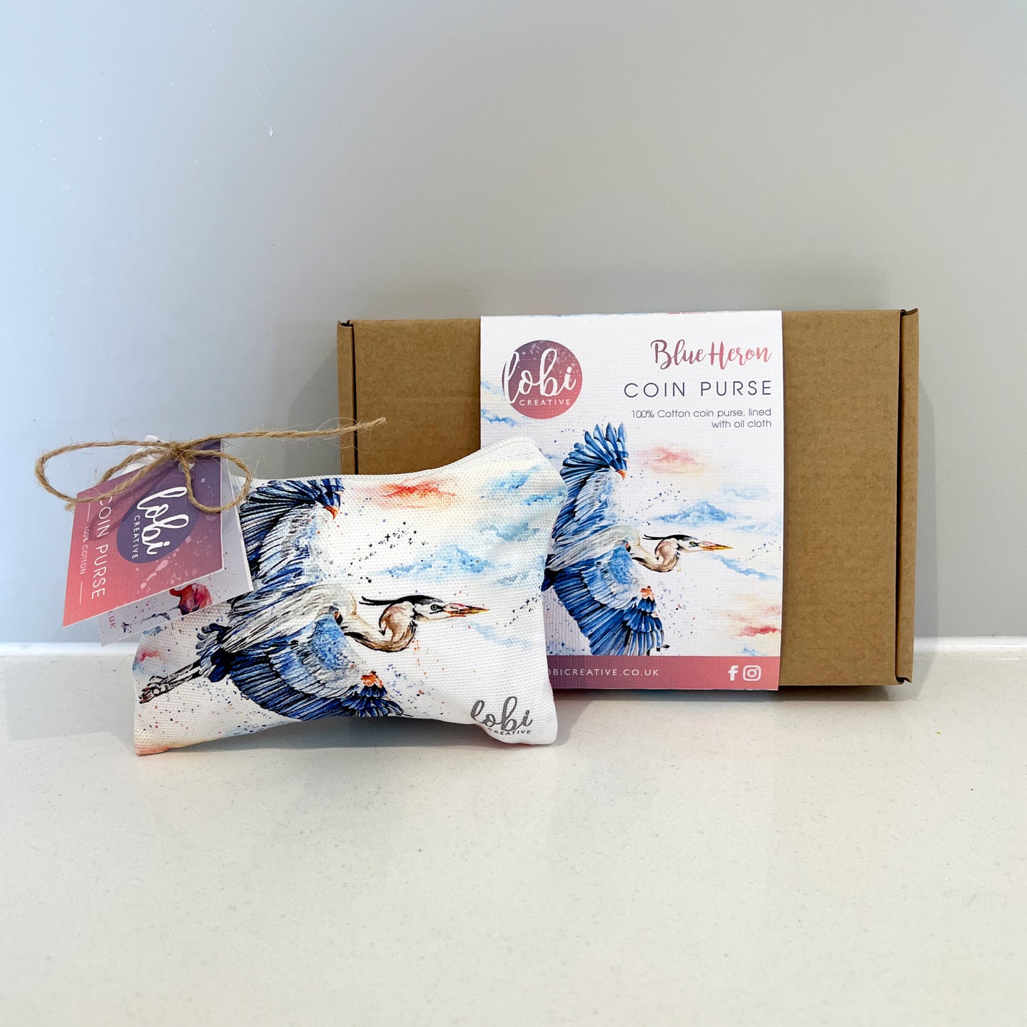 Watercolour Blue Heron Cotton Coin Purse & Gift Box