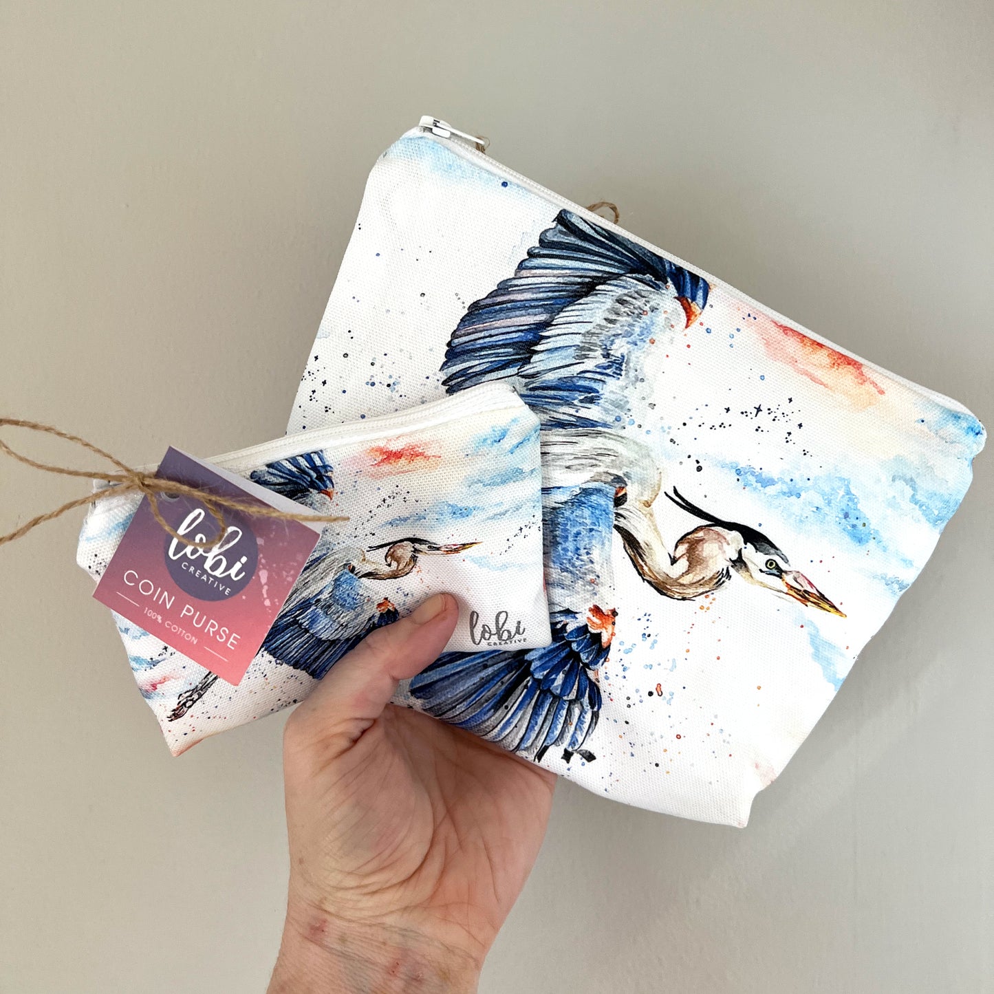 Watercolour Blue Heron Cotton Makeup Bag